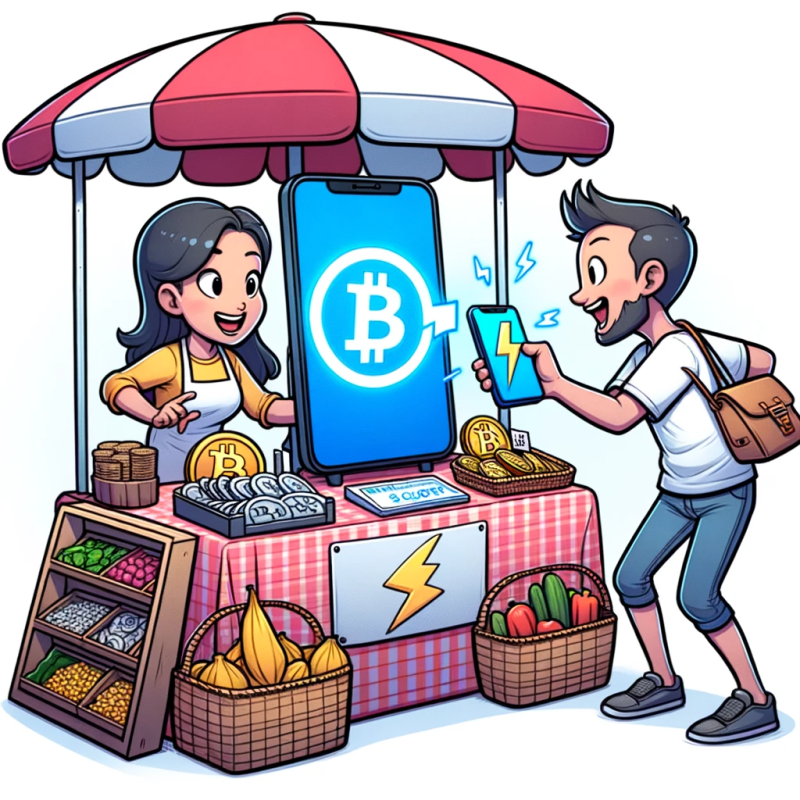 DALLE 2023 10 24 09.53.52 Cartoon drawing of a street vendor with various goods displayed on the stall holding a device with a bright screen showing the Bitcoin lightning logo