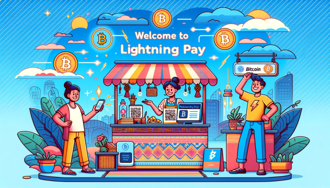 DALLE 2023 12 20 11.04.18 A cartoon style blog post header image for Lightning Pay a Bitcoin merchant and consumer payments solution. The image features a scene with a singl