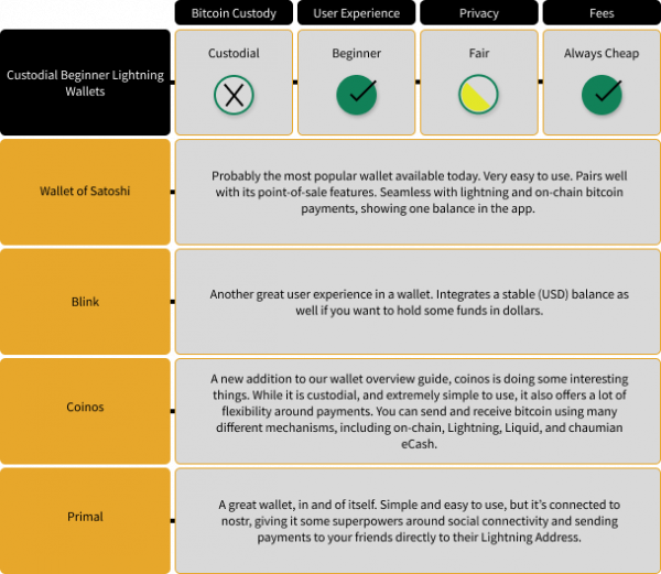 Infographic describing beginner level bitcoin lightning wallets